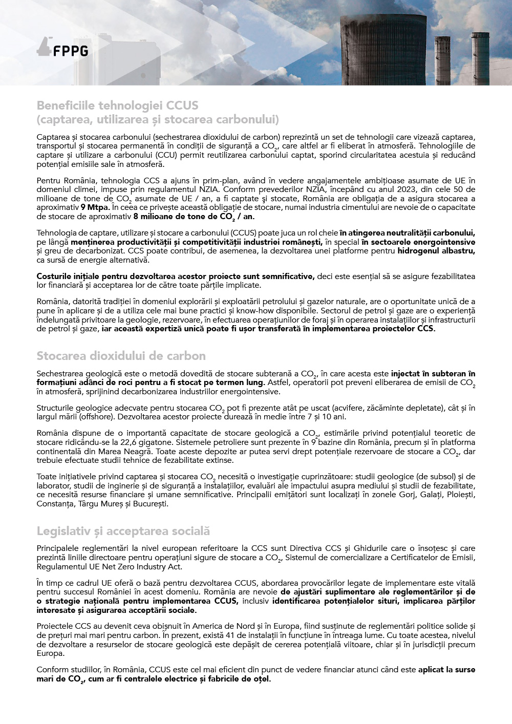 FPPG Policy Paper CCS rezumat executiv RO - viitorul energiei